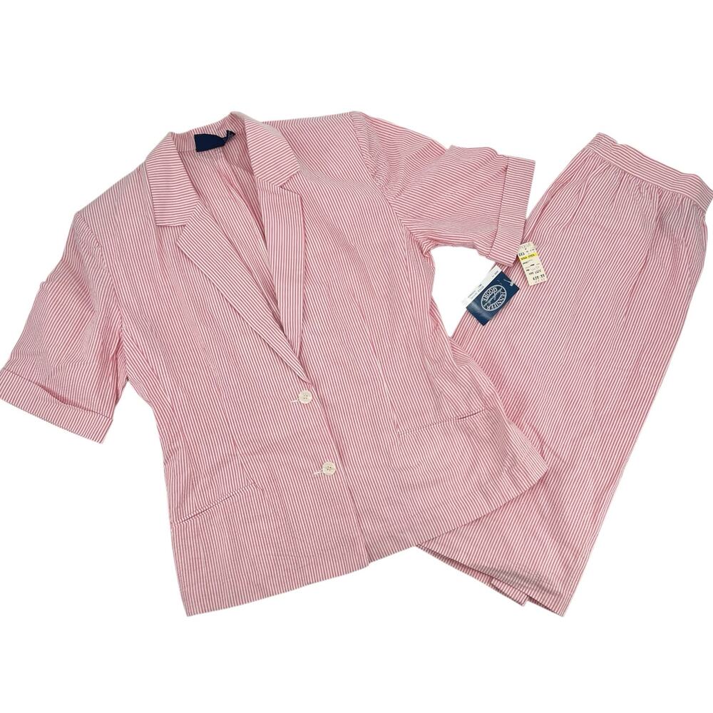 NEW vintage 80's pink & white pinstripe skirt suit set two button blazer size 14